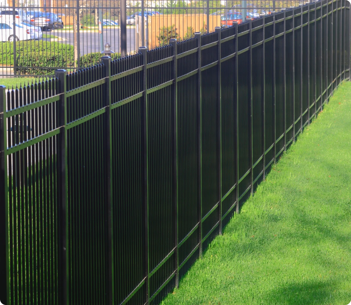 Black metal fence on green grass